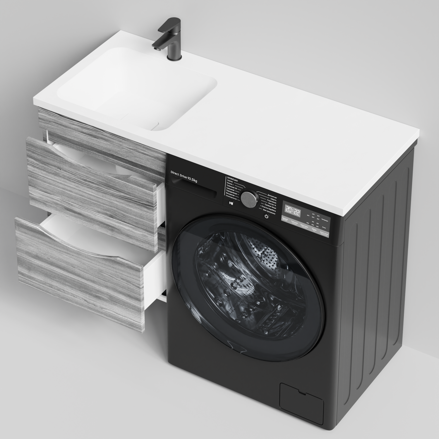 Тумба Vod-ok 48 с раковиной Смайл 110 подвесная, под стиральную машину, левая, Лиственница структурная контрастно-серая