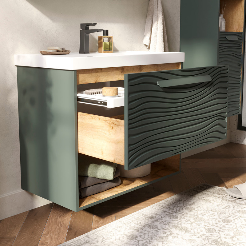 Тумба с раковиной EQUIL Gleam 80 подвесная, один ящик, зеленый камень/дуб вотан