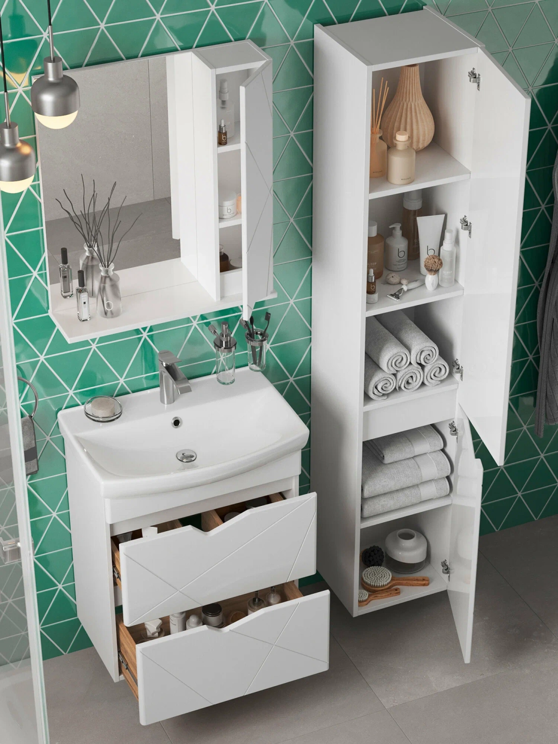 Тумба подвесная SanStar Линни 60 с раковиной Клермонт 60, белая