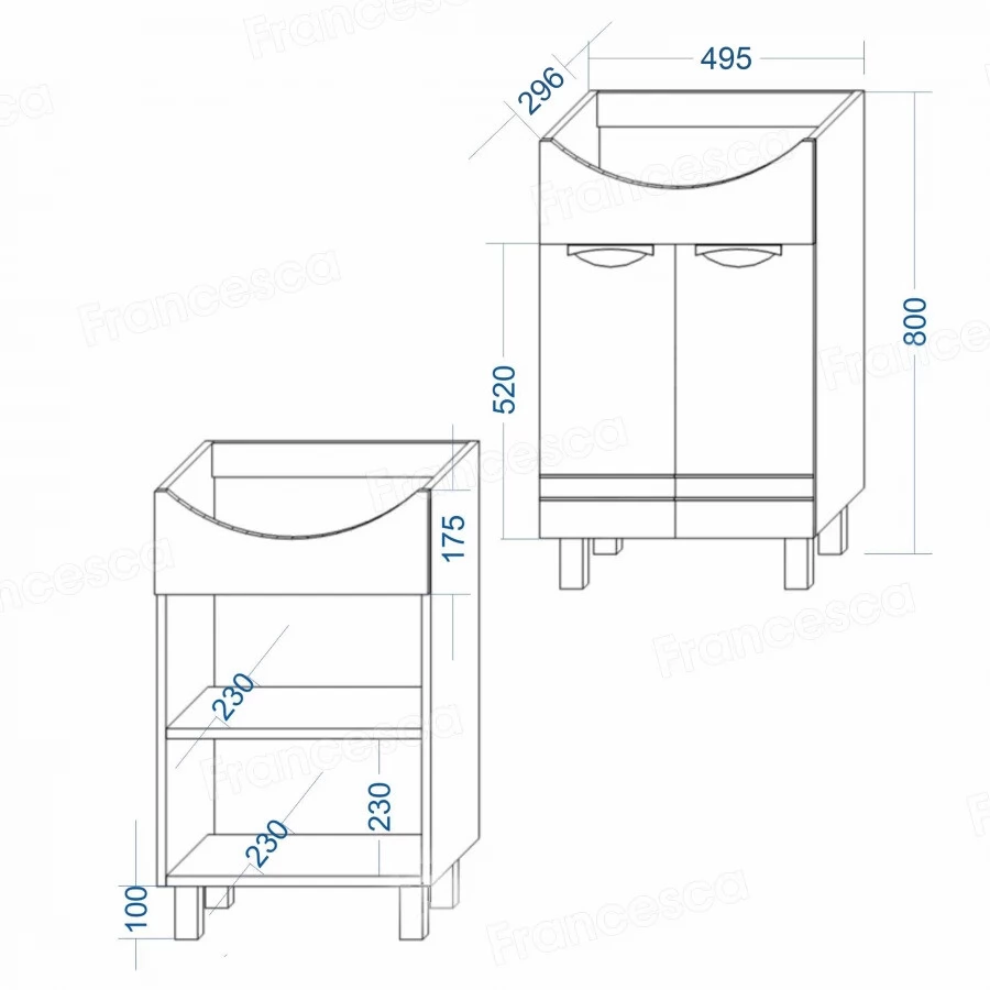 Тумба с раковиной Francesca Доминго 55 напольная, 2 двери, белая