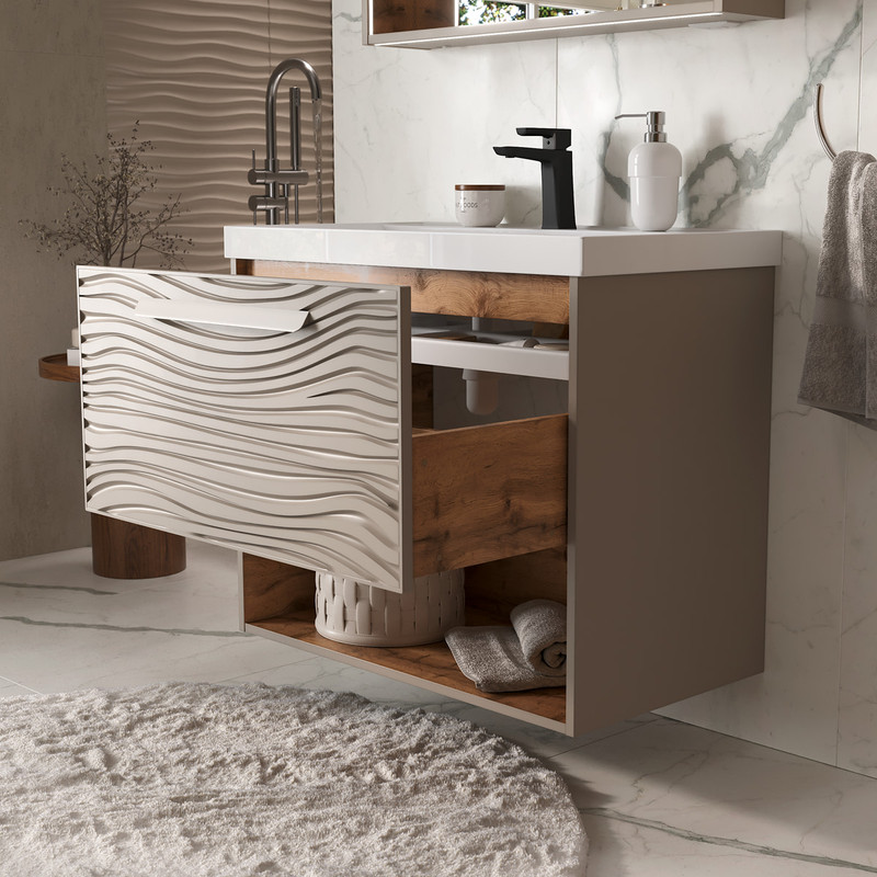 Тумба с раковиной EQUIL Gleam 80 подвесная, один ящик, амарок/дуб вотан