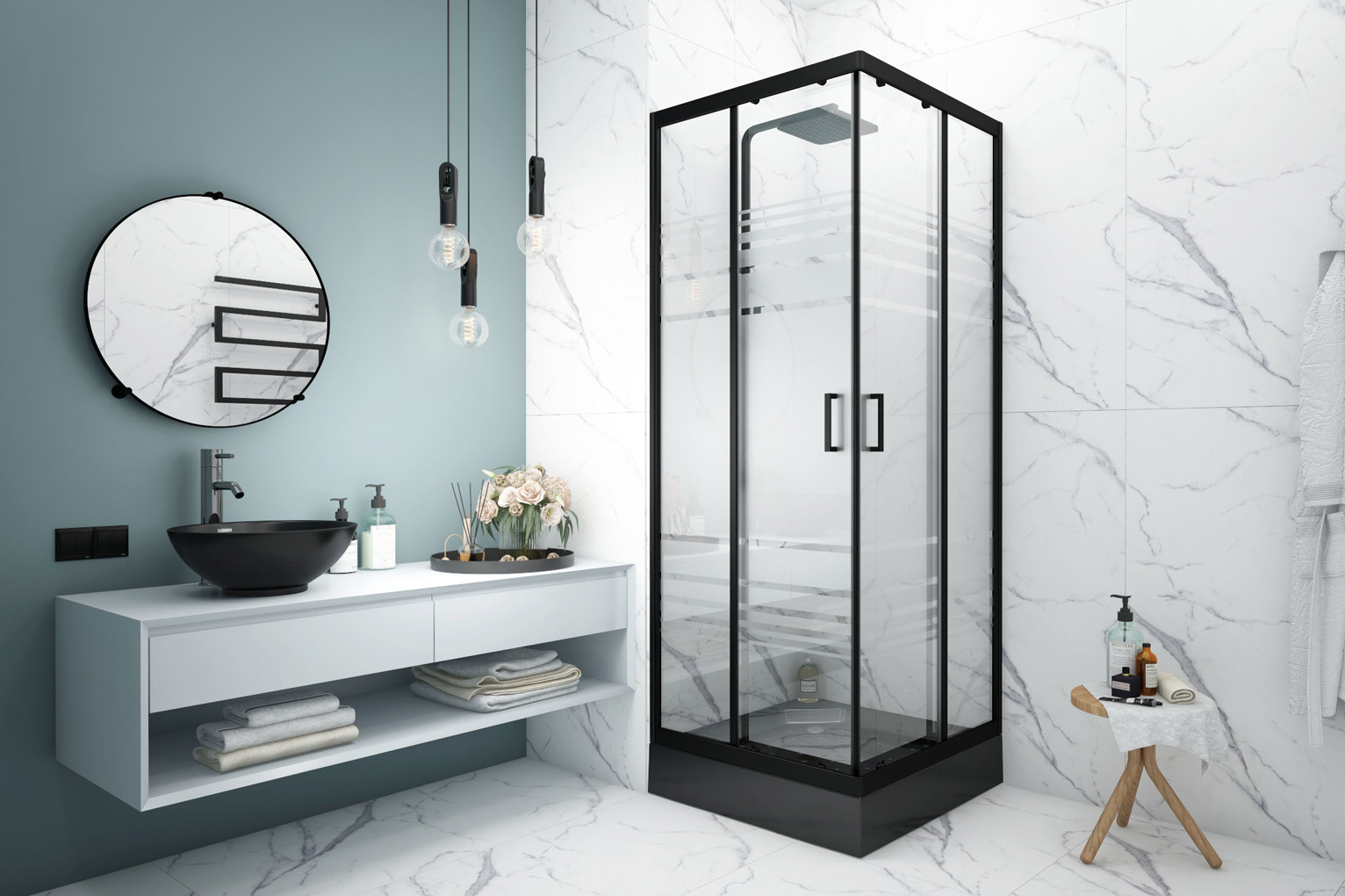 Душевой уголок Метакам Universal Black 80х80х195 квадратный, без поддона, текстурированное стекло (полосы), черный