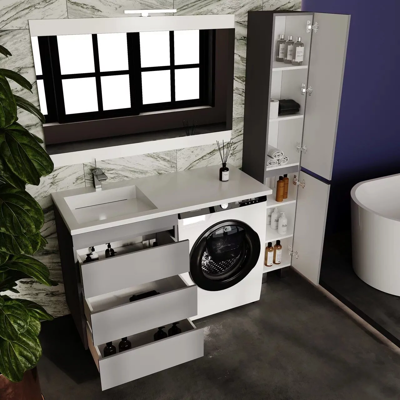 Тумба с раковиной Style Line Даллас Леон 120 Люкс Plus ПВХ под стиральную машину, напольная, 3 ящика, левая, серый матовый