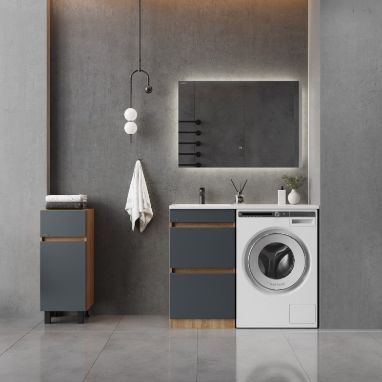Тумба напольная Onika Милтон 58 с раковиной Марсал 120 под стиральную машину, левая, серая/дуб сонома
