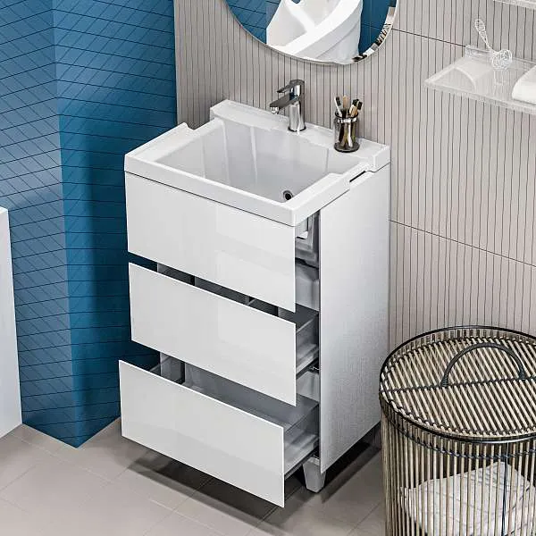 Тумба с раздвижной раковиной напольная 1Marka Bumble 60Н 2я, 2 ящика, белый