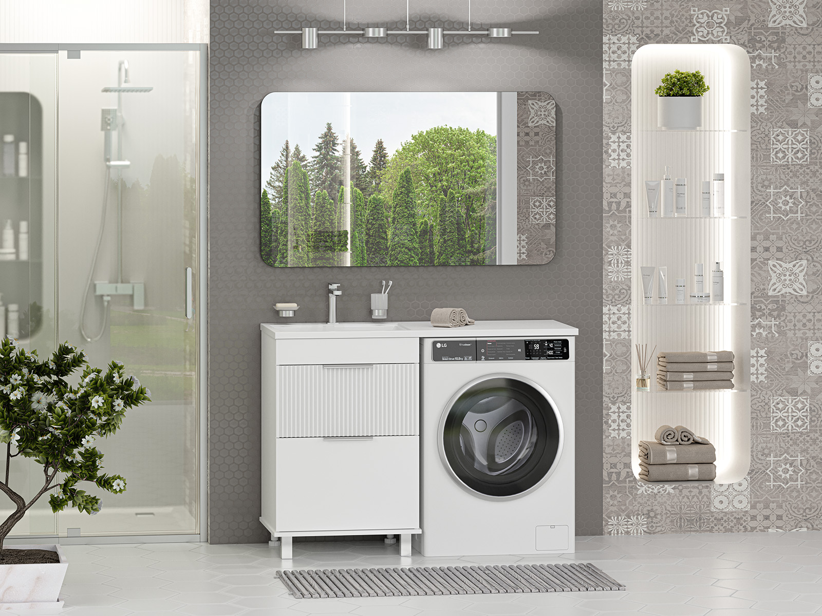 Тумба с раковиной Brevita Enfida 60 под стиральную машину, с раковиной Эстет Даллас 120 L, белый