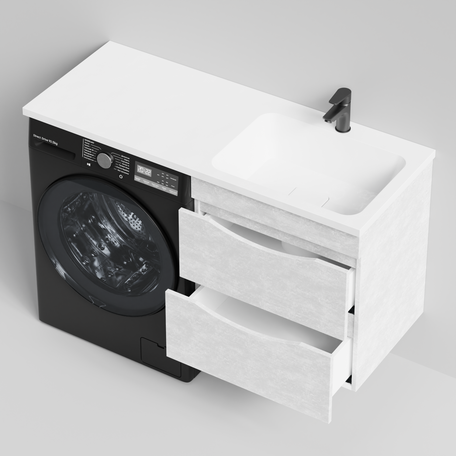 Тумба Vod-ok 58 с раковиной Смайл 120 подвесная, под стиральную машину, правая, Белый камень