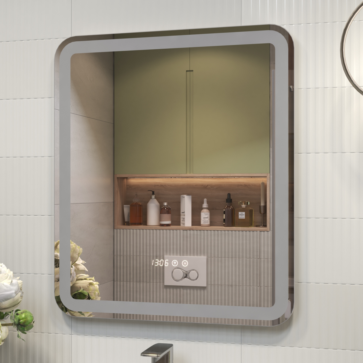 Зеркало Grani Luxe 60 с часами, свет, сенсор, белый