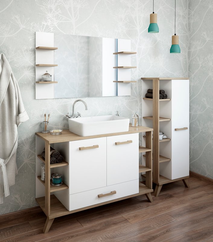 Тумба Sanflor Ингрид 120 с накладной раковиной MARAZZI Plaza 55 напольная, белый матовый, швейцарский вяз
