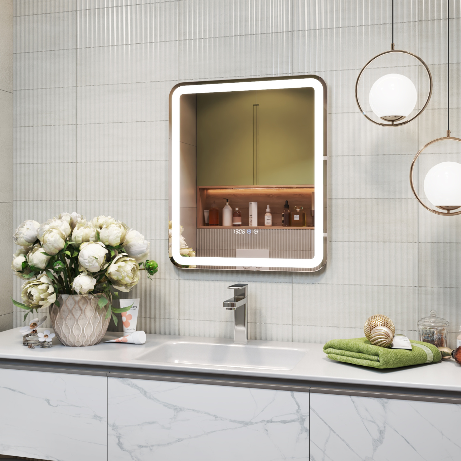 Зеркало Grani Luxe 60 с часами, свет, сенсор, белый