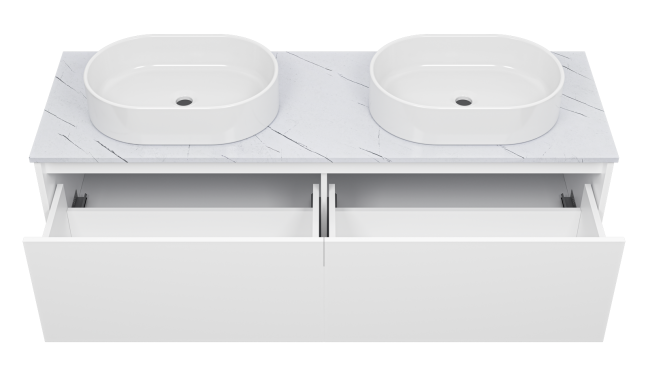 Тумба подвесная Misty Виста 150 с 2 раковинами и столешницей светлый мрамор, белый