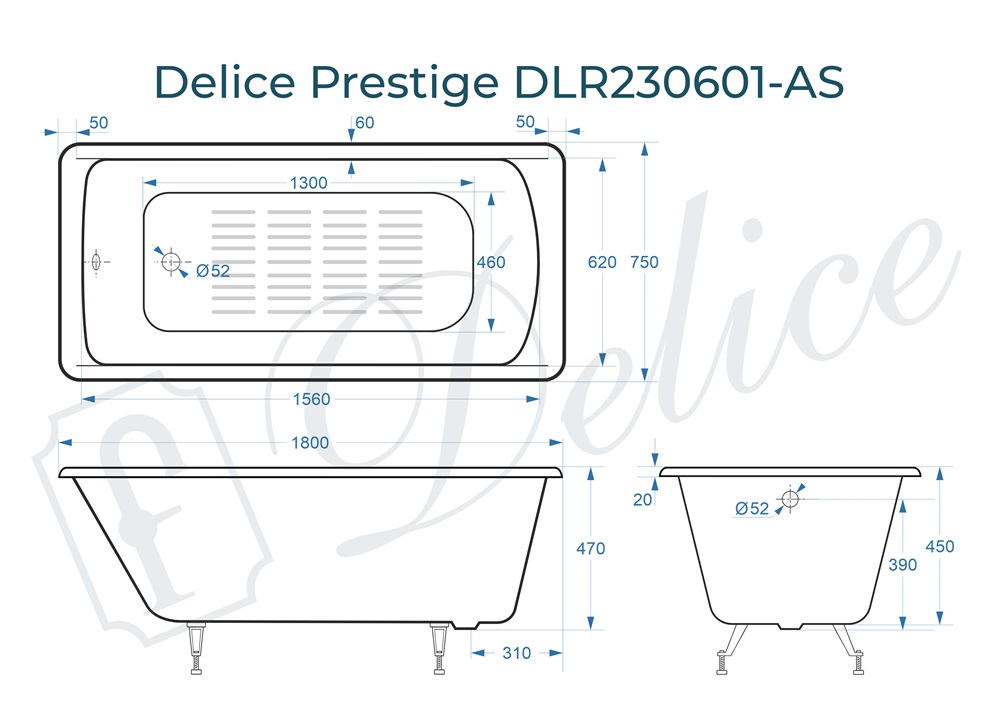 Ванна чугунная Delice Prestige 180х75 DLR230601-AS с антискользящим покрытием