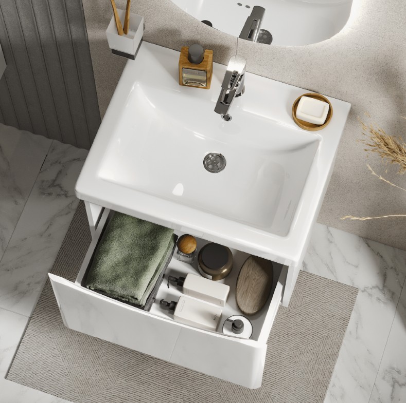 Тумба подвесная Vigo Glem 600-0-1 с раковиной Como 60, 1 ящик, белый