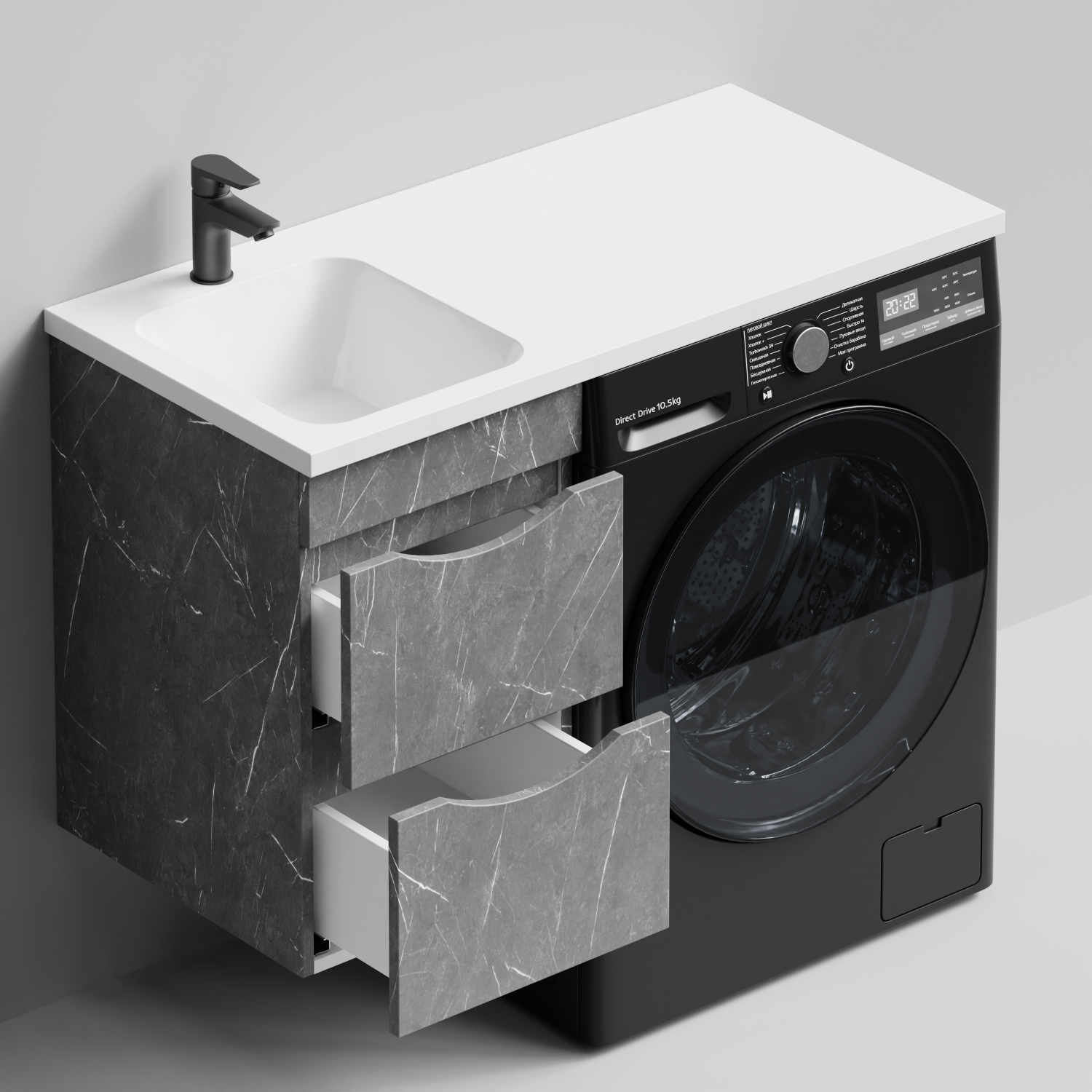 Тумба Vod-ok 38 с раковиной Смайл 100 подвесная, под стиральную машину, левая, Мрамор Серый софт тач