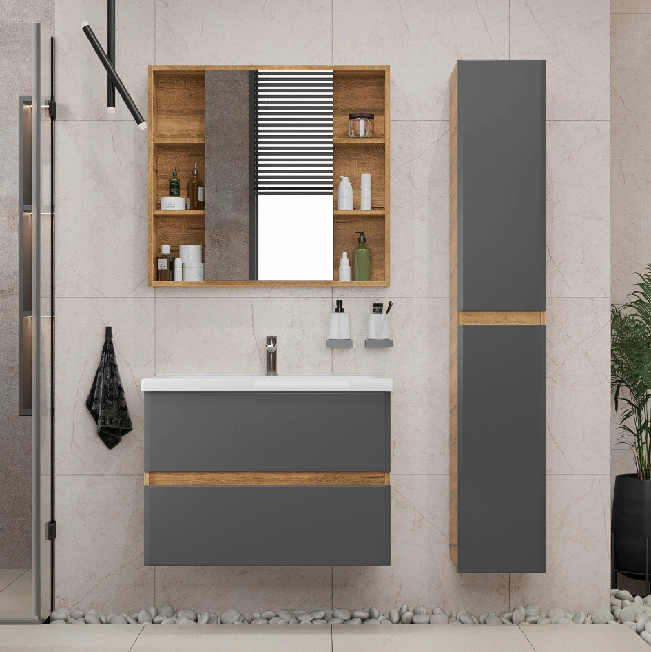 Тумба подвесная SanStar Graffa 80 с раковиной Миранда 80 Дуб вотан, графит софт