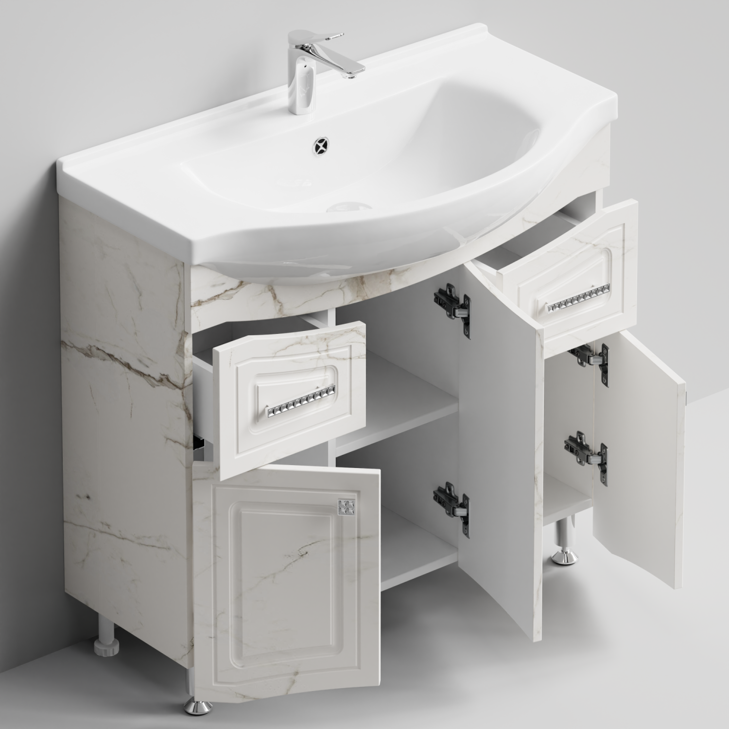 Тумба с раковиной Адам 90 напольная, Мрамор Белый натур милк, петли справа