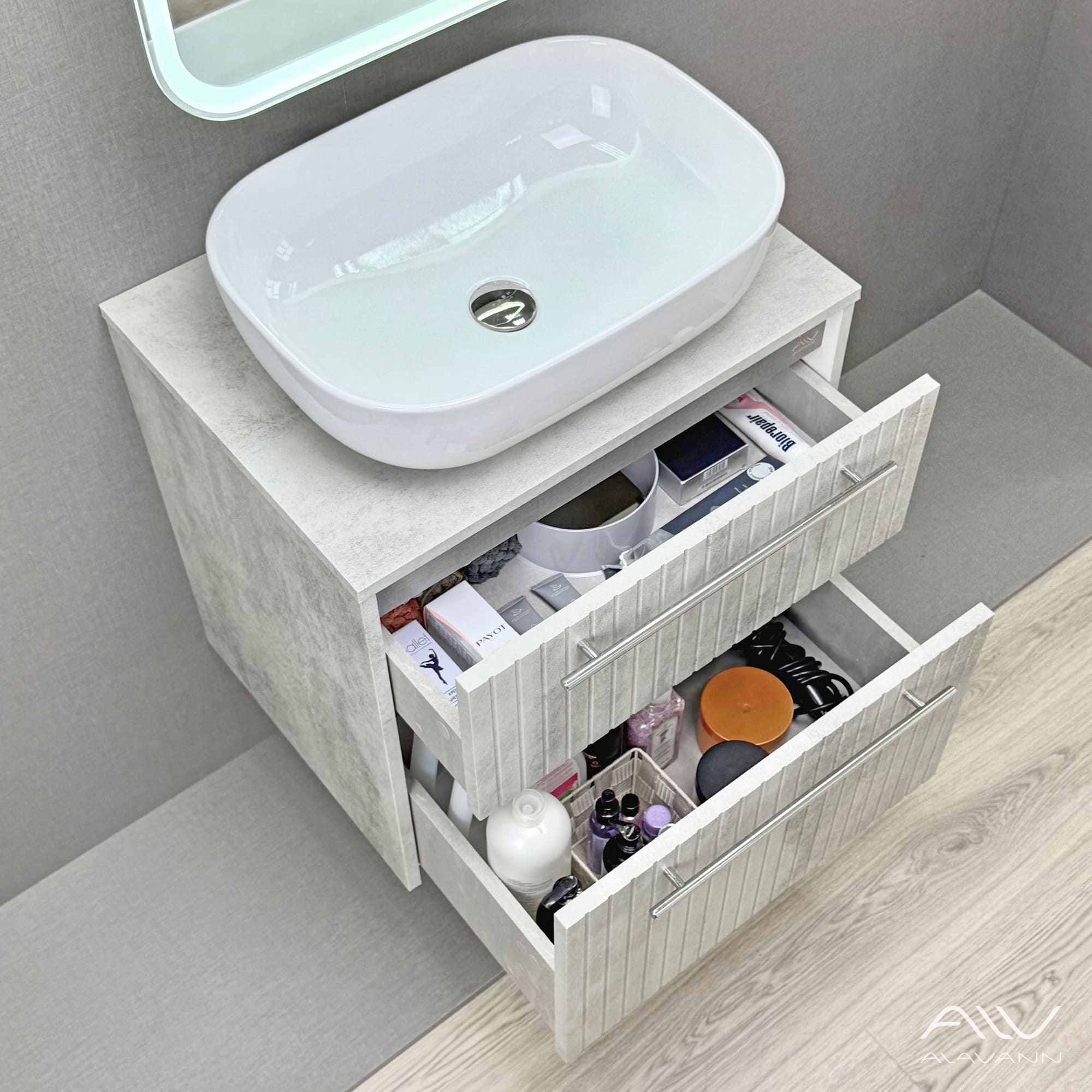 Тумба подвесная Alavann Emma 60 с раковиной Moduo 50 SQUARE, серый бетон