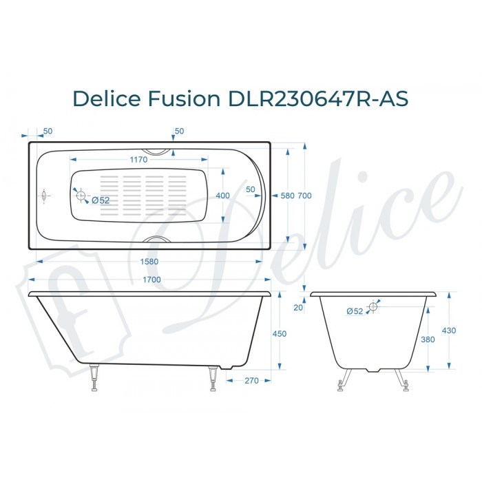 Ванна чугунная Delice Fusion 170х70 с отверстиями под ручки и антискользящим покрытием DLR230647R-AS