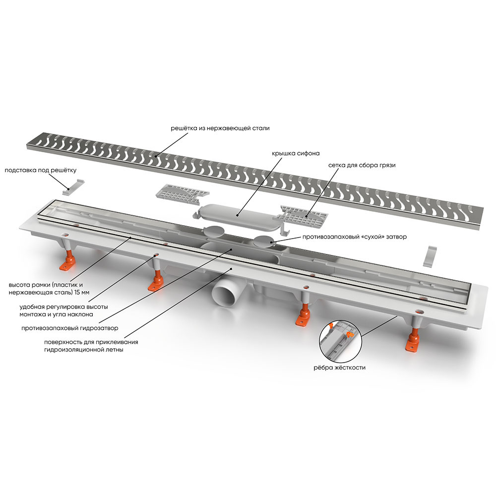 Душевой лоток MCH Veconi Klasik/Floor 750 с решеткой под плитку, хром