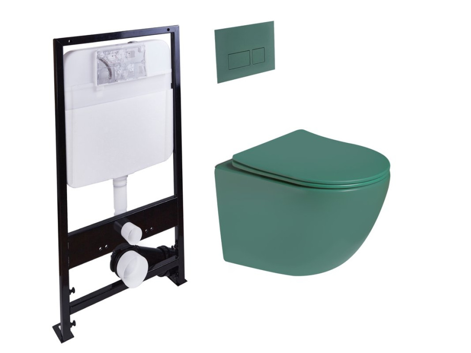 Унитаз подвесной SantiLine SL-5005T-G+SL-01/G с инсталляцией и кнопкой, зеленый матовый