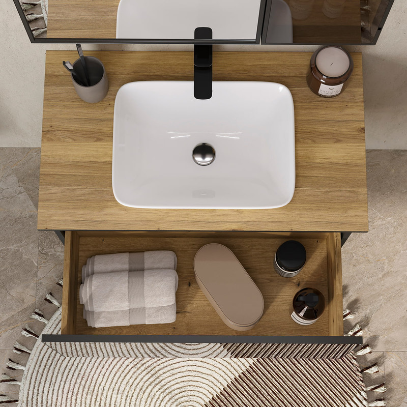 Тумба с раковиной EQUIL Strong 80 подвесная, 1 ящик, дуб черный/дуб эвок