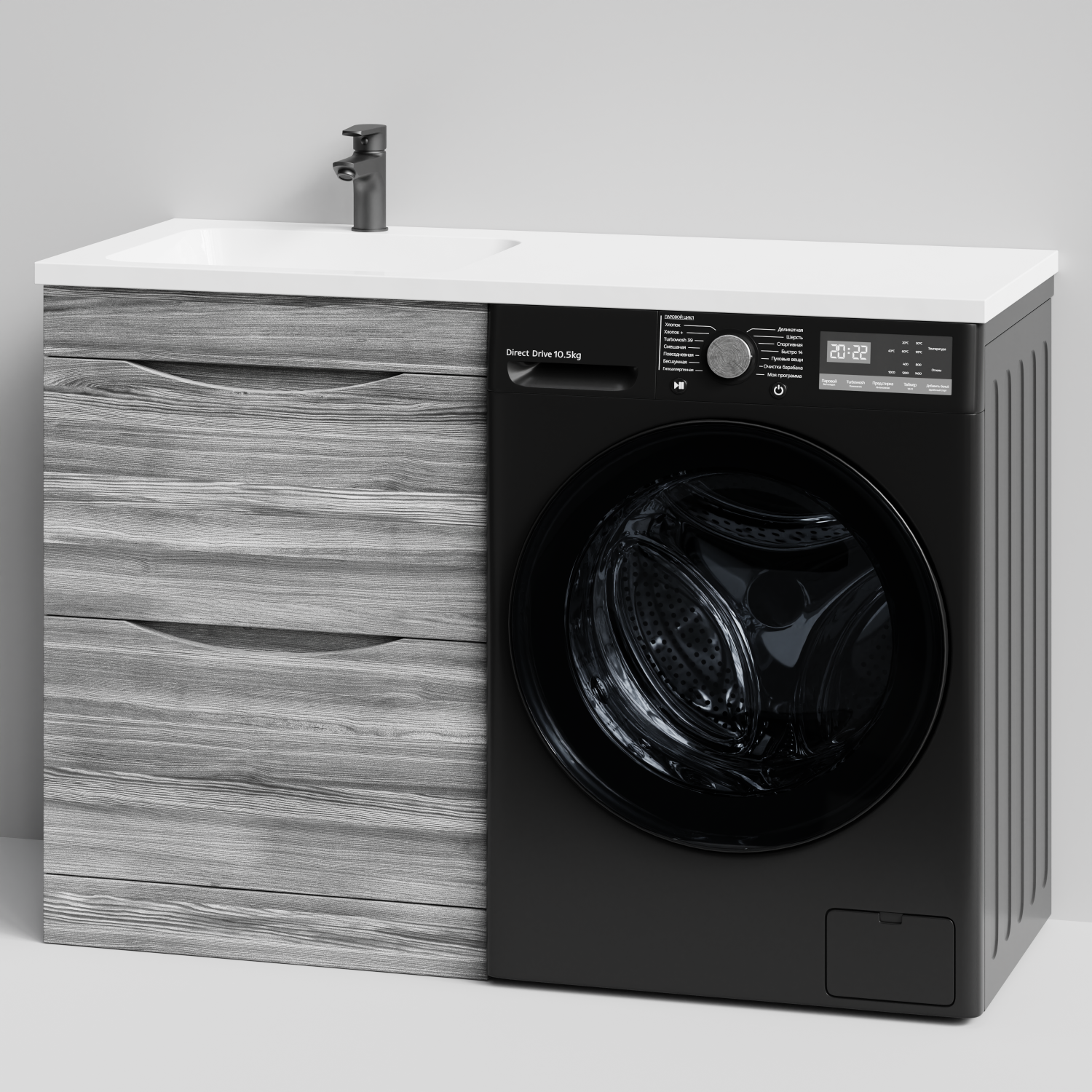 Тумба Vod-ok 58 с раковиной Смайл 120 напольная, под стиральную машину, левая, Лиственница структурная контрастно-серая