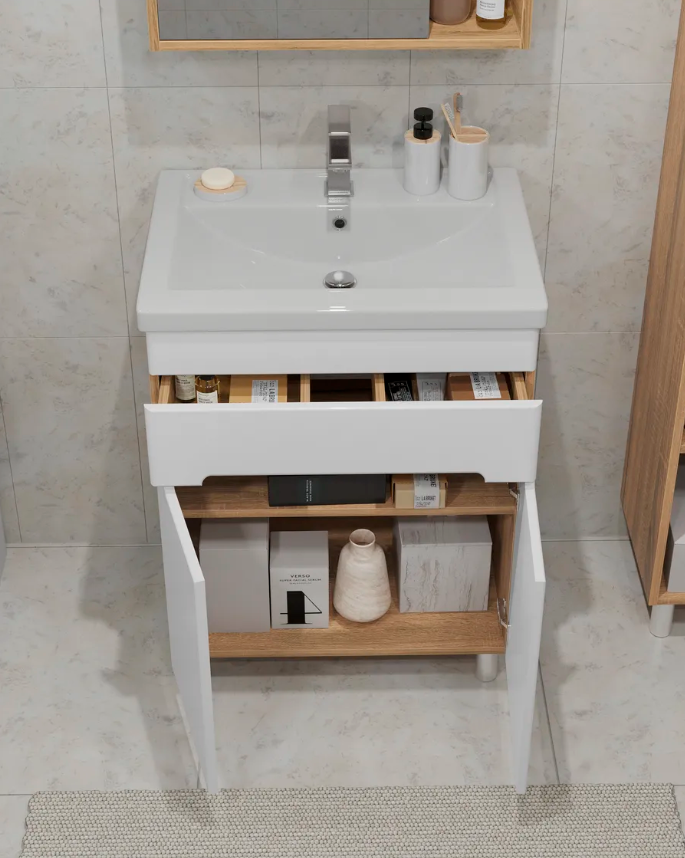 Тумба напольная SanStar Модена 60 с раковиной Фостер 60, белая, дуб вотан