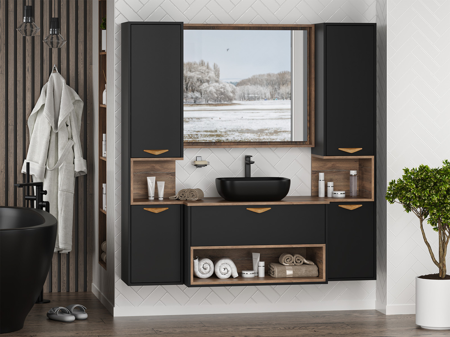 Тумба с раковиной Brevita Bergen 90 с подсветкой подвесная, черный/дуб галифакс