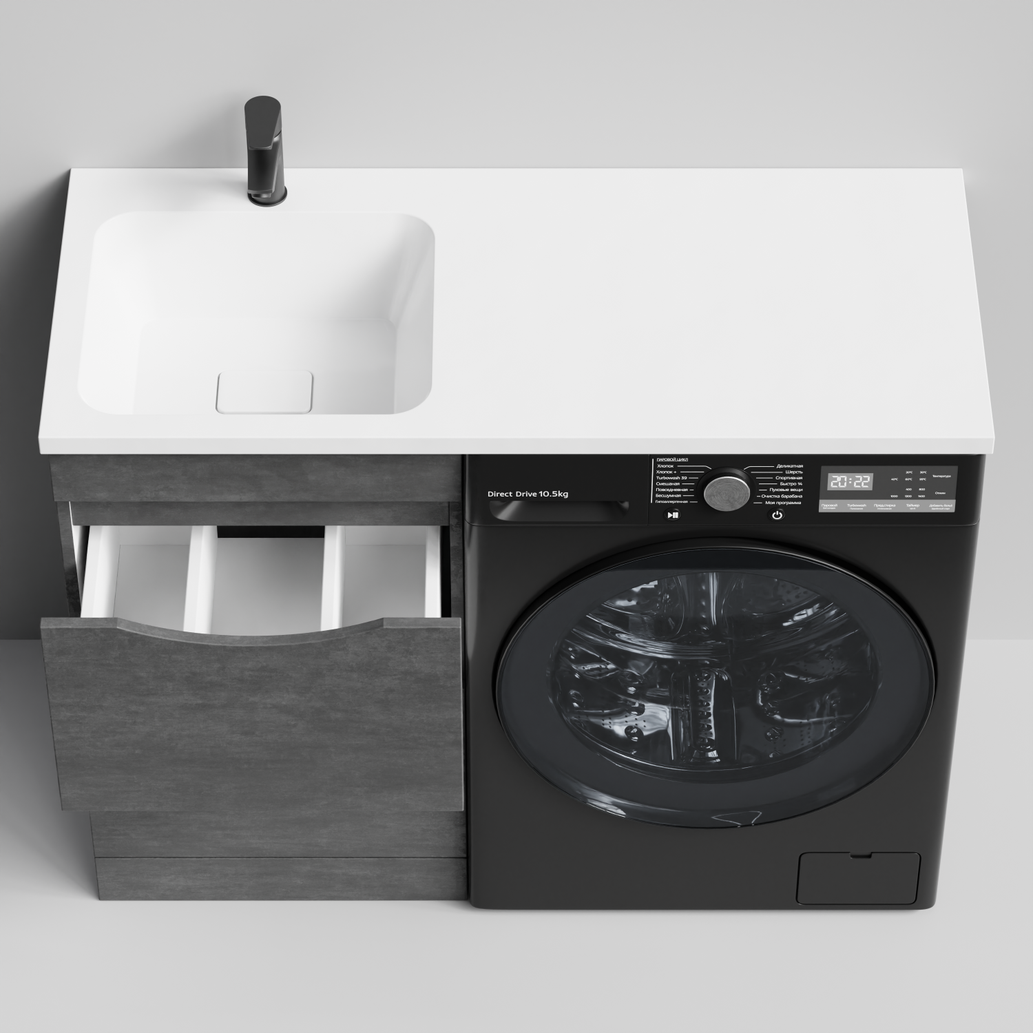 Тумба Vod-ok 48 с раковиной Смайл 110 напольная, под стиральную машину, левая, Серый камень