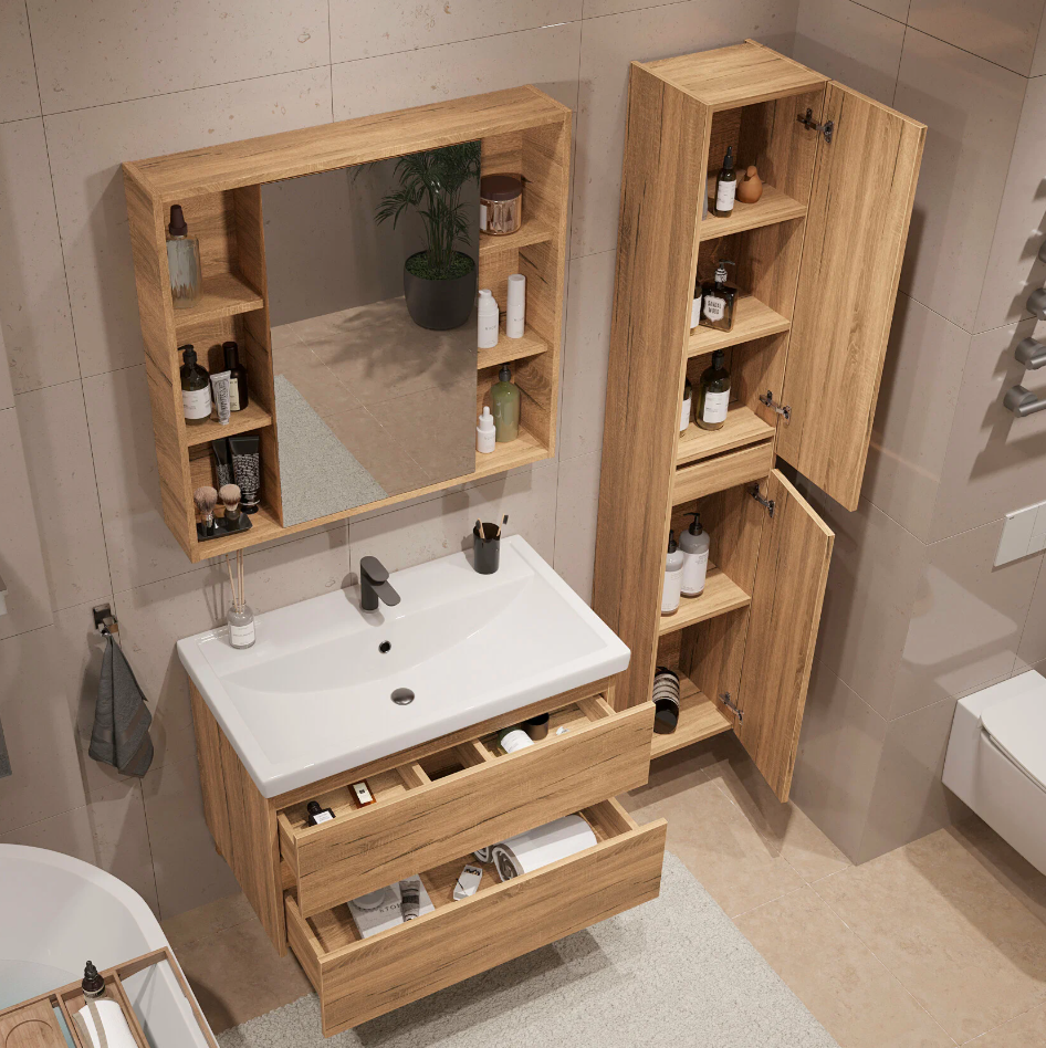 Тумба подвесная SanStar Lavanti 80 с раковиной Como 80 Дуб вотан