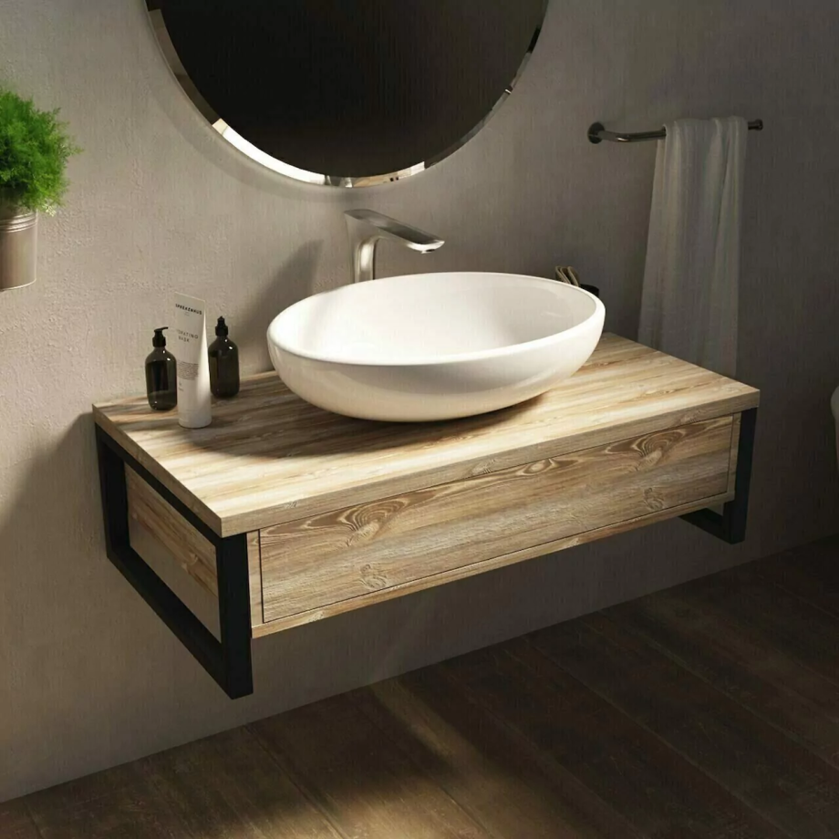 Тумба подвесная 1Marka Grunge loft 70П с раковиной Roll 53, 1 ящик, дуб намибия