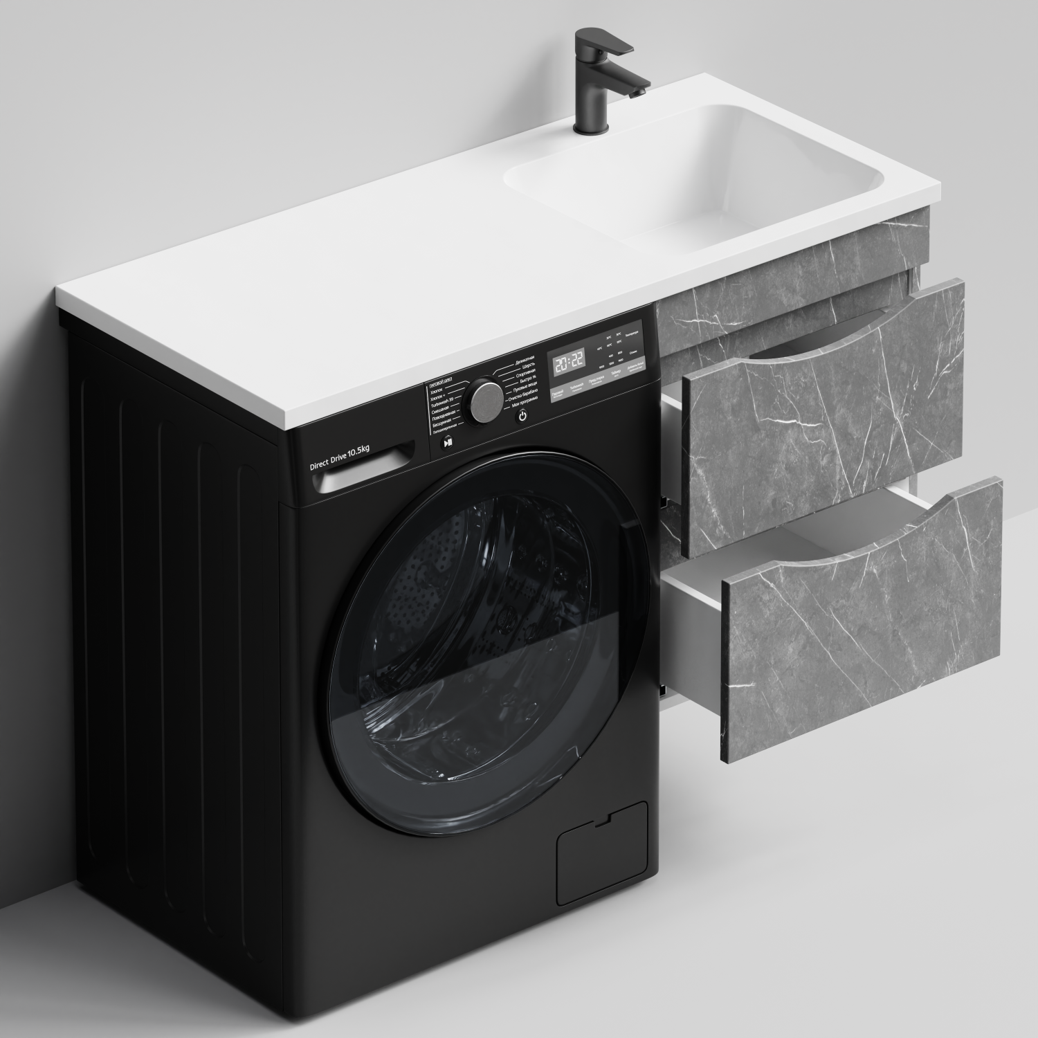 Тумба Vod-ok 48 с раковиной Смайл 110 подвесная, под стиральную машину, правая, Мрамор Серый софт тач