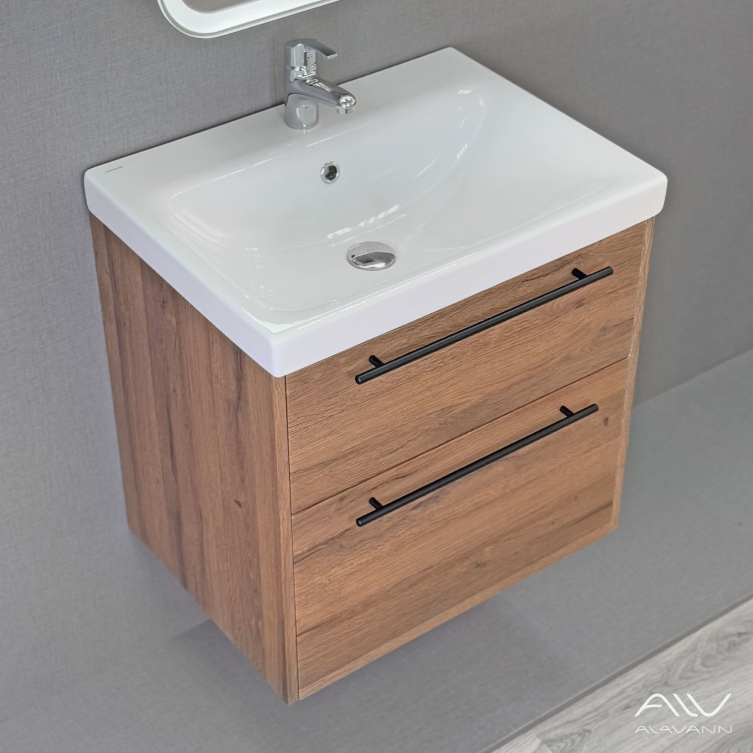 Тумба подвесная Alavann Rondo 60 с раковиной Moduo 60, дуб