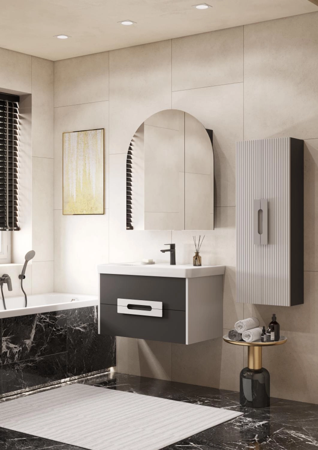 Тумба подвесная Aquaton Ар-Деко 65 с раковиной Нео 65, 2 ящика, серый кобальт