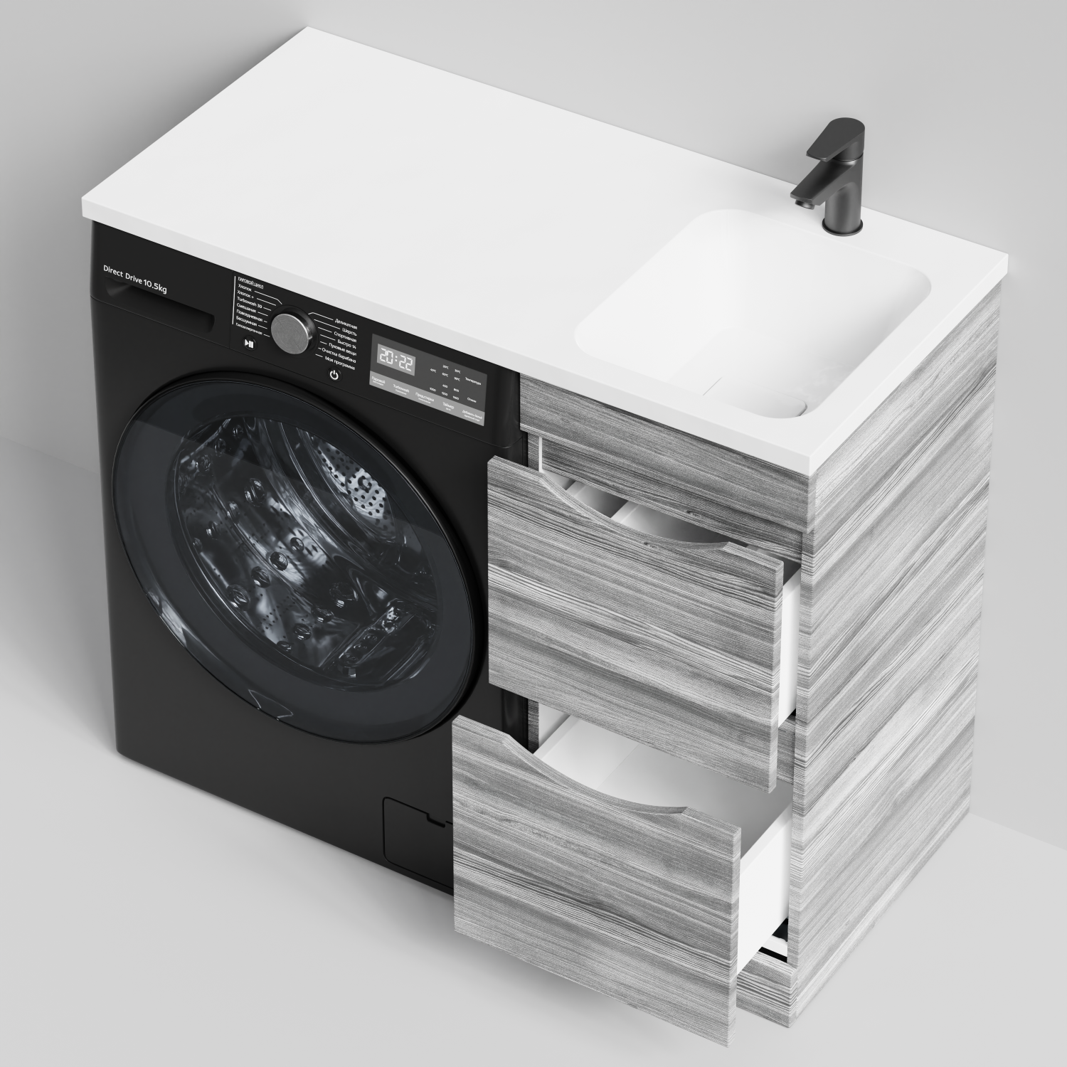 Тумба Vod-ok 38 с раковиной Смайл 100 напольная, под стиральную машину, правая, Лиственница структурная контрастно-серая