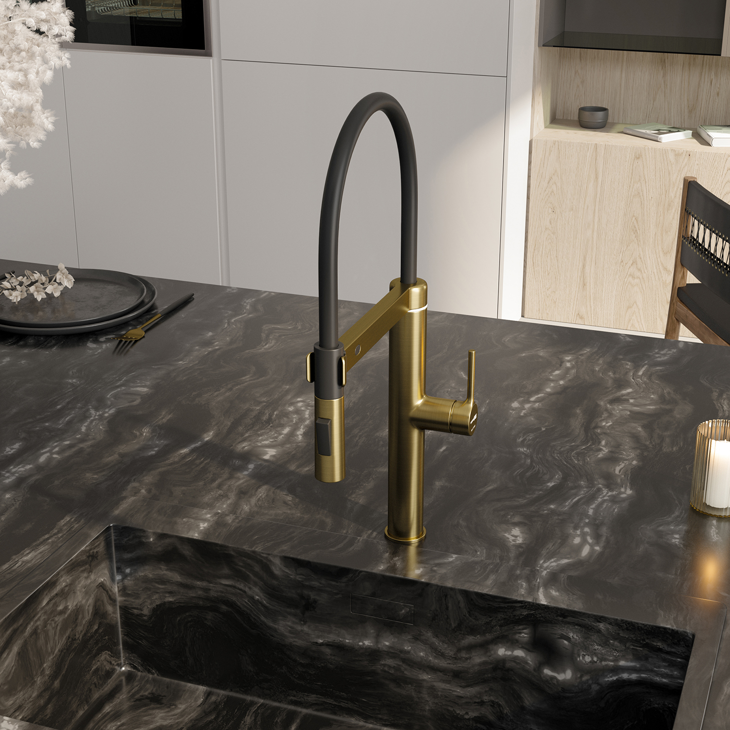 Сенсорный смеситель для кухни с гибким изливом WasserKraft A8887 матовое золото