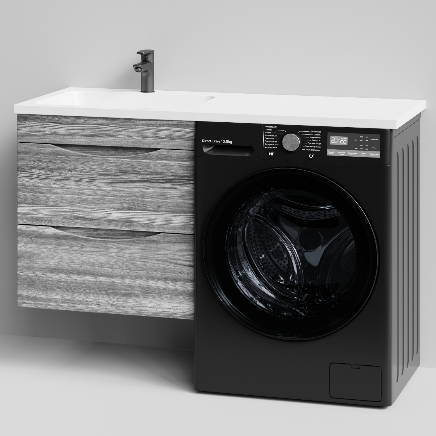 Тумба Vod-ok 58 с раковиной Смайл 120 подвесная, под стиральную машину, левая, Лиственница структурная контрастно-серая