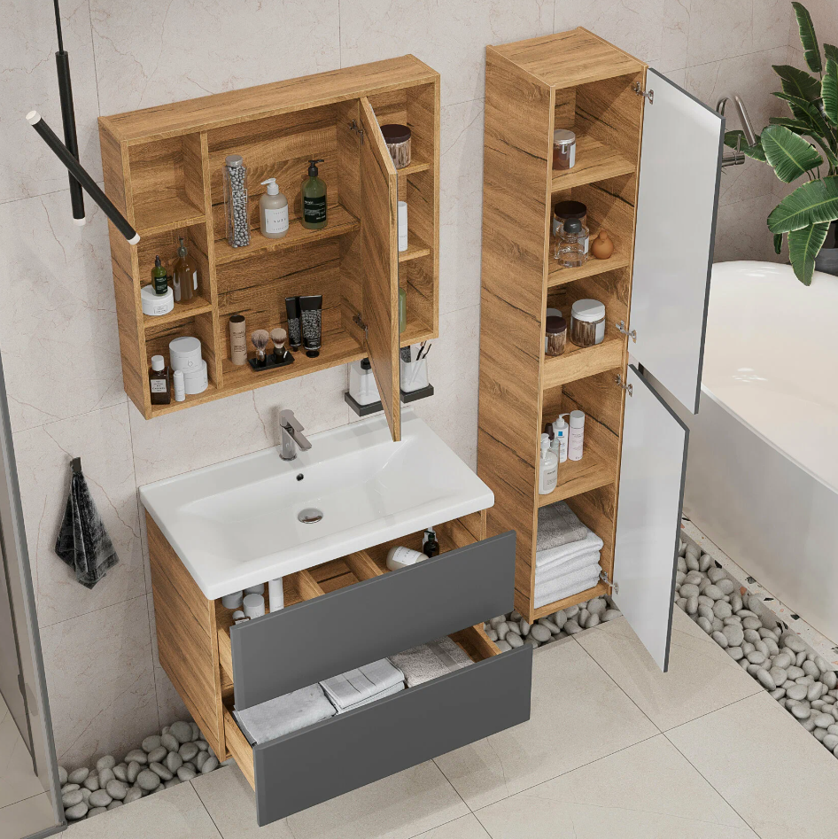 Тумба подвесная SanStar Graffa 80 с раковиной Миранда 80 Дуб вотан, графит софт