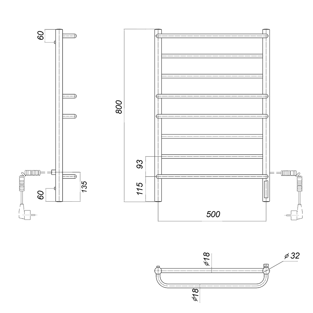 Полотенцесушитель электрический Domoterm DMT Орфей П8 500x800 EK R хром