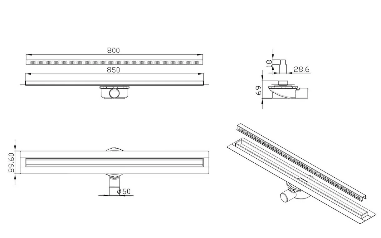 Душевой лоток ALMAes Bajo 800 BG80BL с решеткой, хром