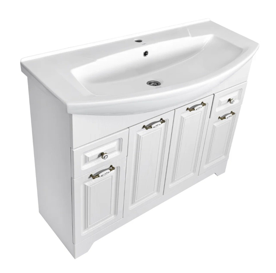 Тумба напольная Stella Polar Кармела 105 с раковиной Элеганс 105, 2 ящика, 4 двери, ольха белый