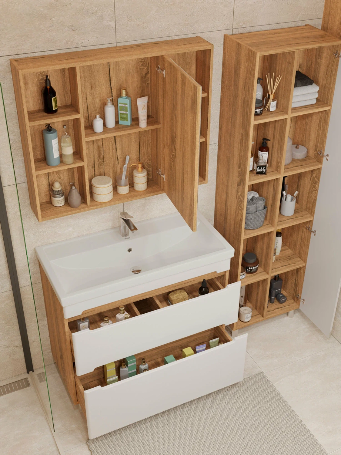 Тумба напольная SanStar Diva 100 с раковиной Фостер 100 белая, дуб вотан