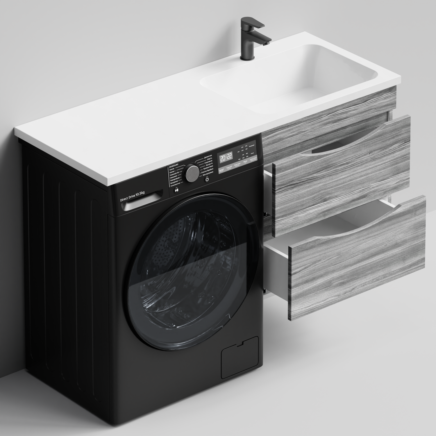 Тумба Vod-ok 58 с раковиной Смайл 120 подвесная, под стиральную машину, правая, Лиственница структурная контрастно-серая