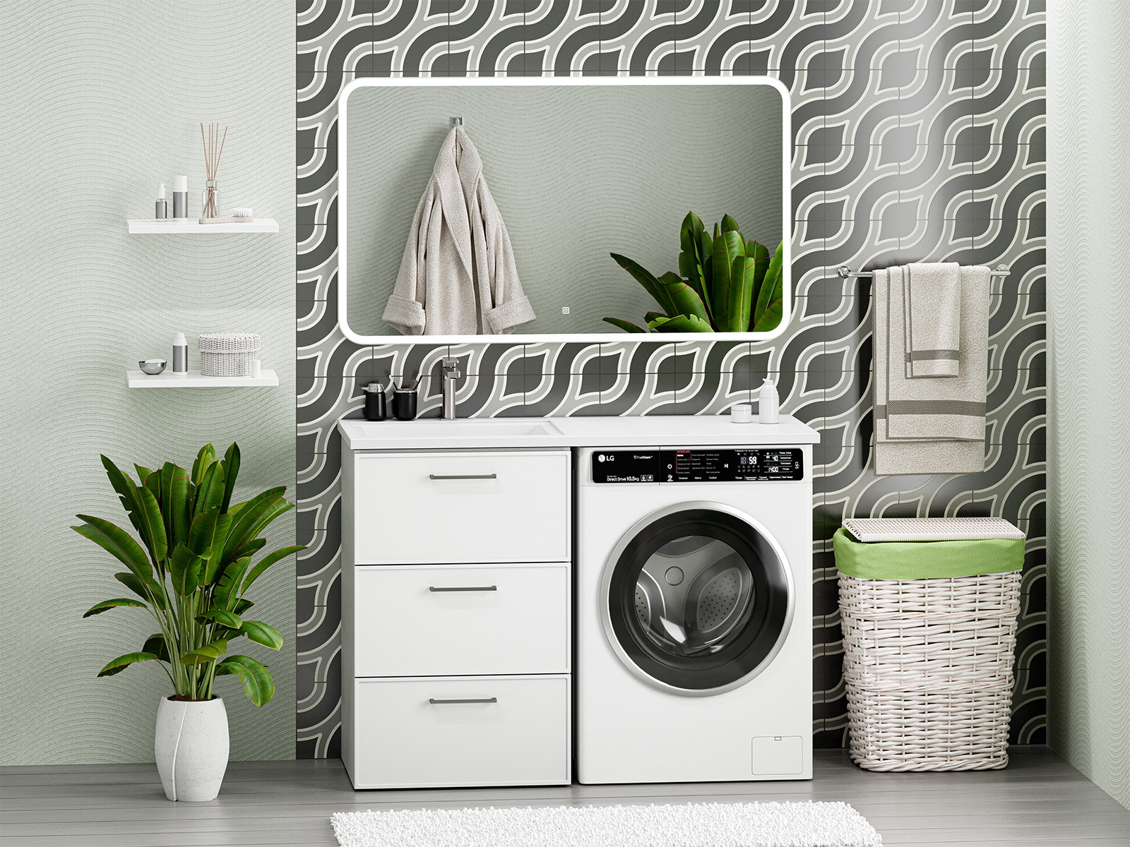 Тумба с раковиной Brevita Frame 55 под стиральную машину напольная левая (белая)