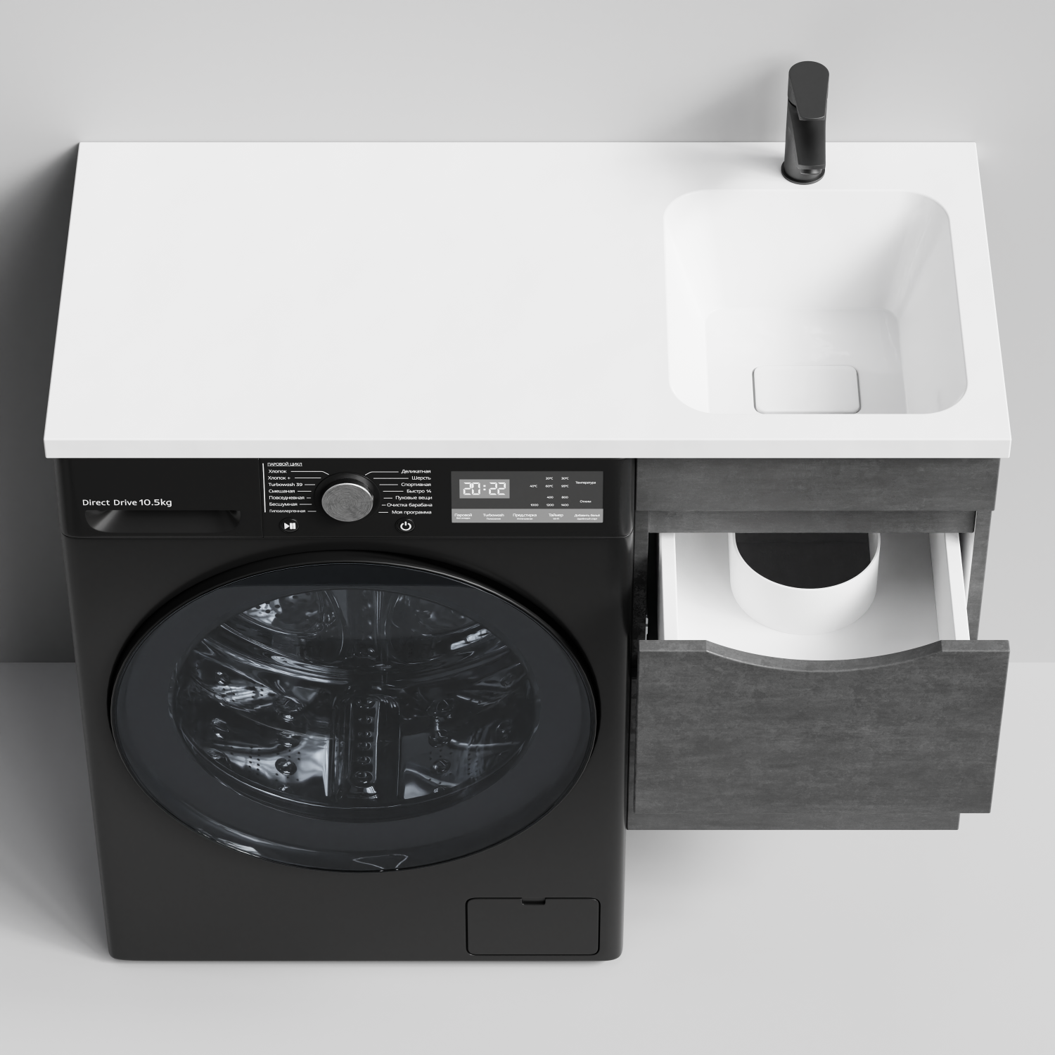 Тумба Vod-ok 38 с раковиной Смайл 100 подвесная, под стиральную машину, правая, Серый камень