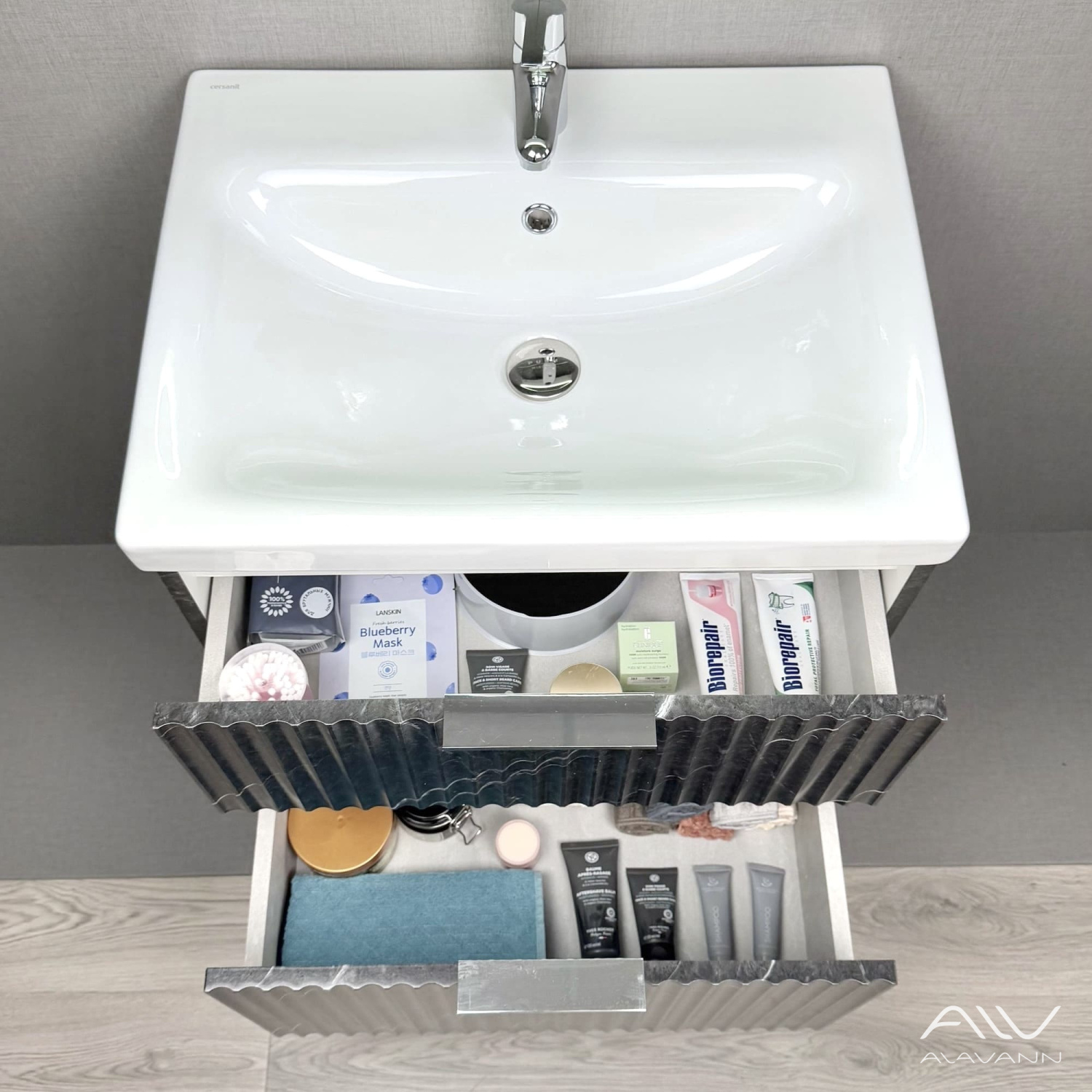 Тумба подвесная Alavann Anna 60 с раковиной Moduo 60, черный мрамор