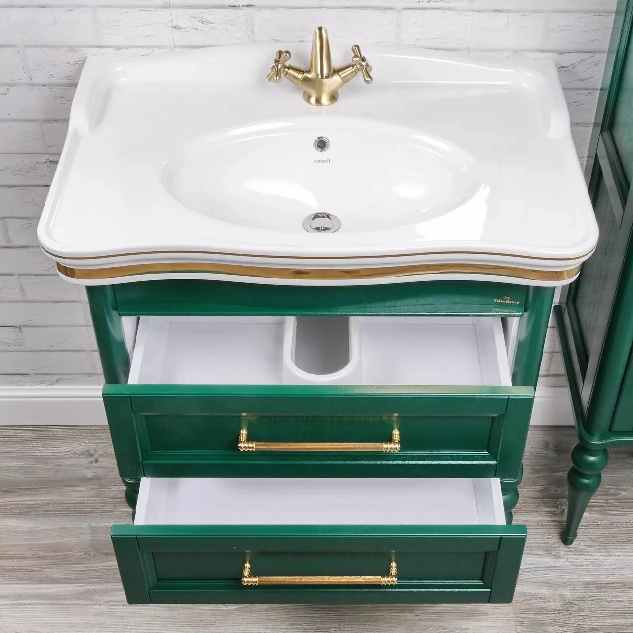 Тумба напольная ValenHouse Эстетика 80 с раковиной Antik 80, зеленый, золото