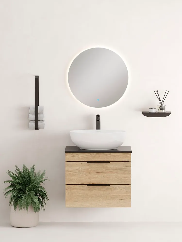 Тумба подвесная Onika Легран 60 с черной столешницей, дуб галифакс