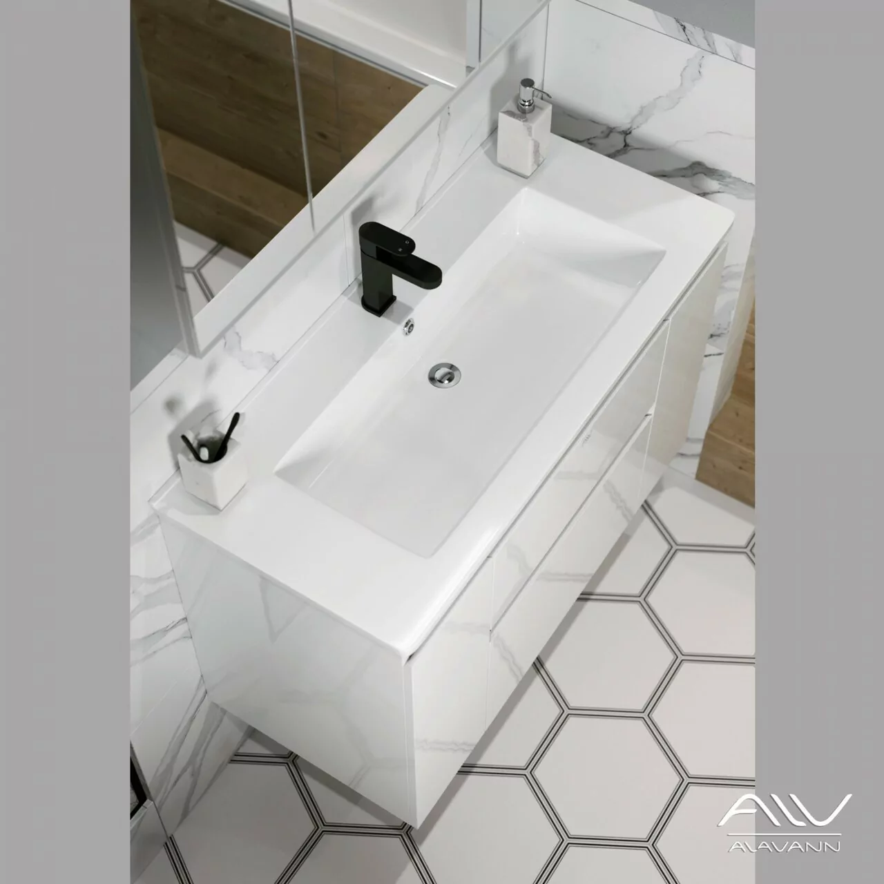 Тумба подвесная Alavann Eva 100 с раковиной Harmonia 100, белая