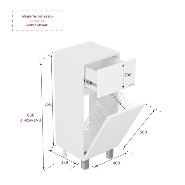 Тумба-комод Onika Милтон 40 напольный, белый, с бельевой корзиной